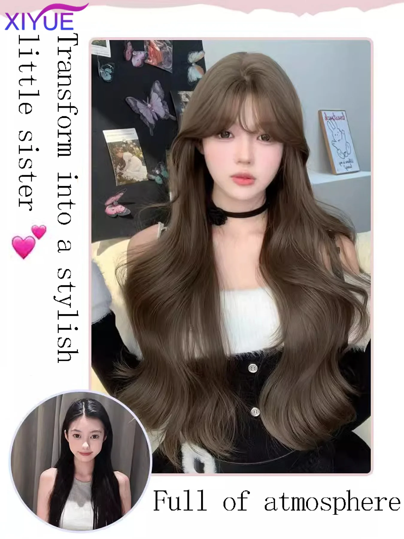 XY Popular  Long Deep Wave Hair Lolita Wigs With Bangs Synthetic Wig For Women Fashion Thick Curls Wigs Girl Hazelnut gray brown