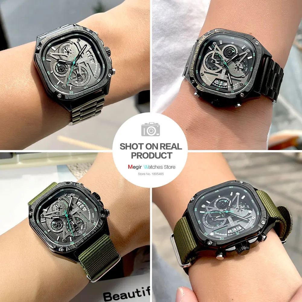 MEGIR Black Quartz Watch Men Waterproof Square Dial Wristwatch with Chronograph Stainless Steel Strap Luminous Hands Auto Date - 4