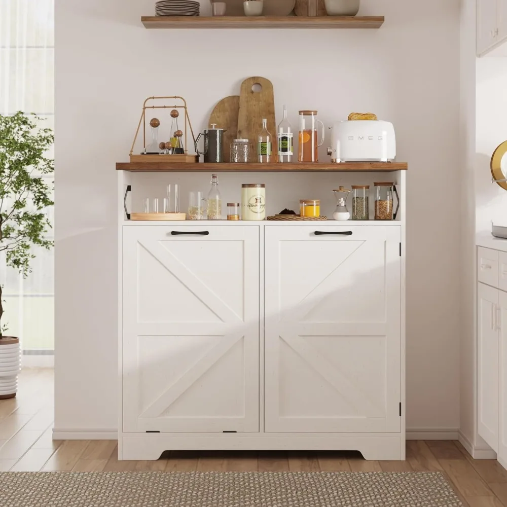 Tilt Out Trash Can Cabinet for 10 Gallon Trash Can, Farmhouse Kitchen Island Bin Cabinet with Adjustable Shelf
