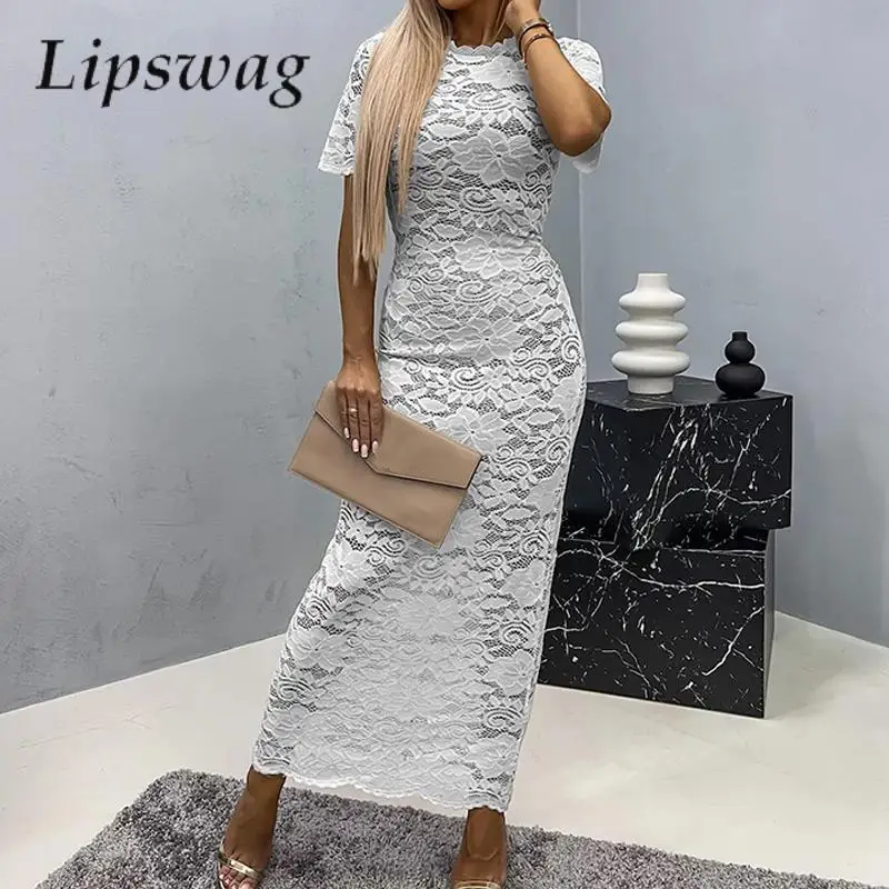 

Elegant Flower Embroidery Lace Party Dresses Women Sexy Short Sleeve O Neck Long Dress Fashion Commuting Slim Fit Evening Dress