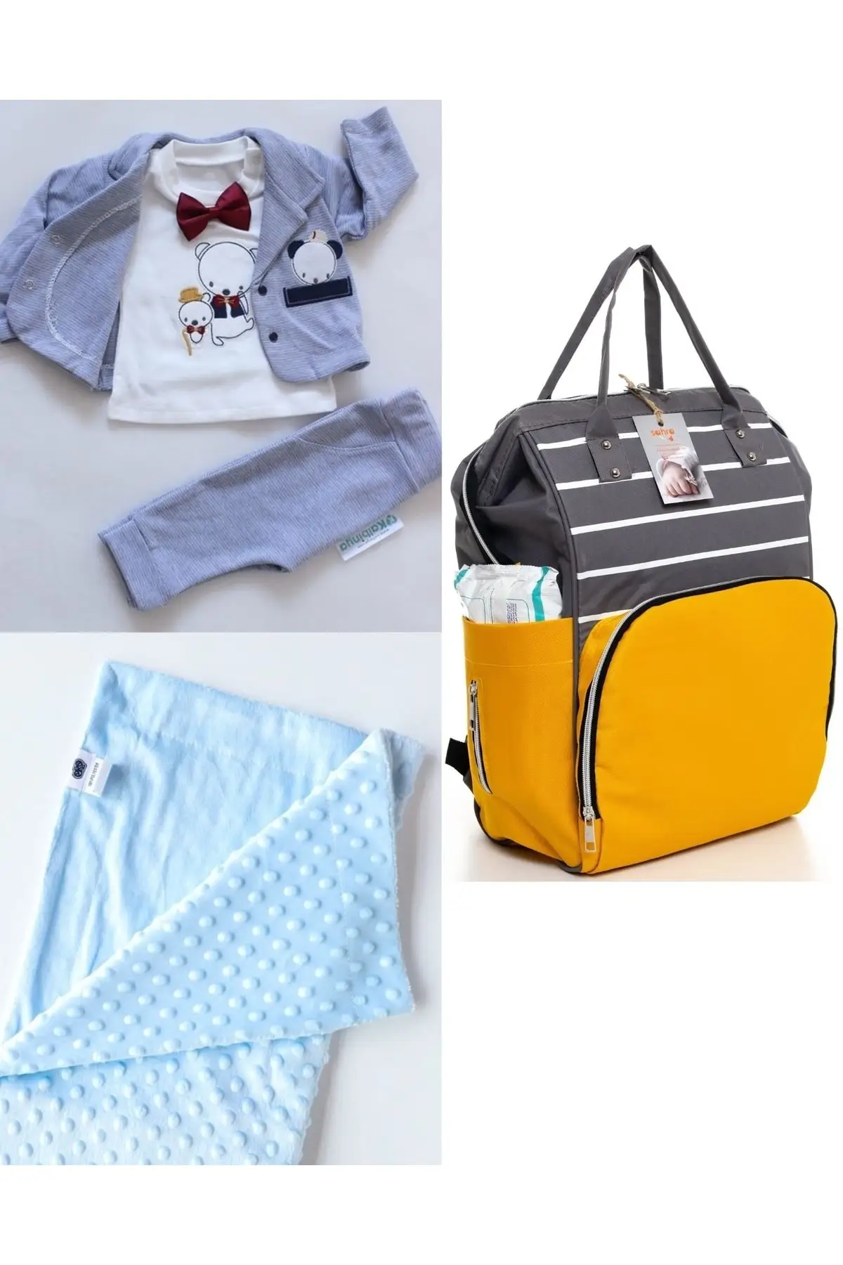 

Functional Mother Baby Care Backpack, 100% Cotton Hospital Exit And Chickpea Blanket Set Cotton Blue