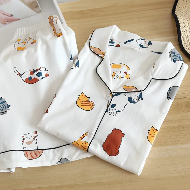 New cotton short-sleeved shorts ladies pajamas set cute cartoon pajamas Japanese simple short pajamas women sleepwear