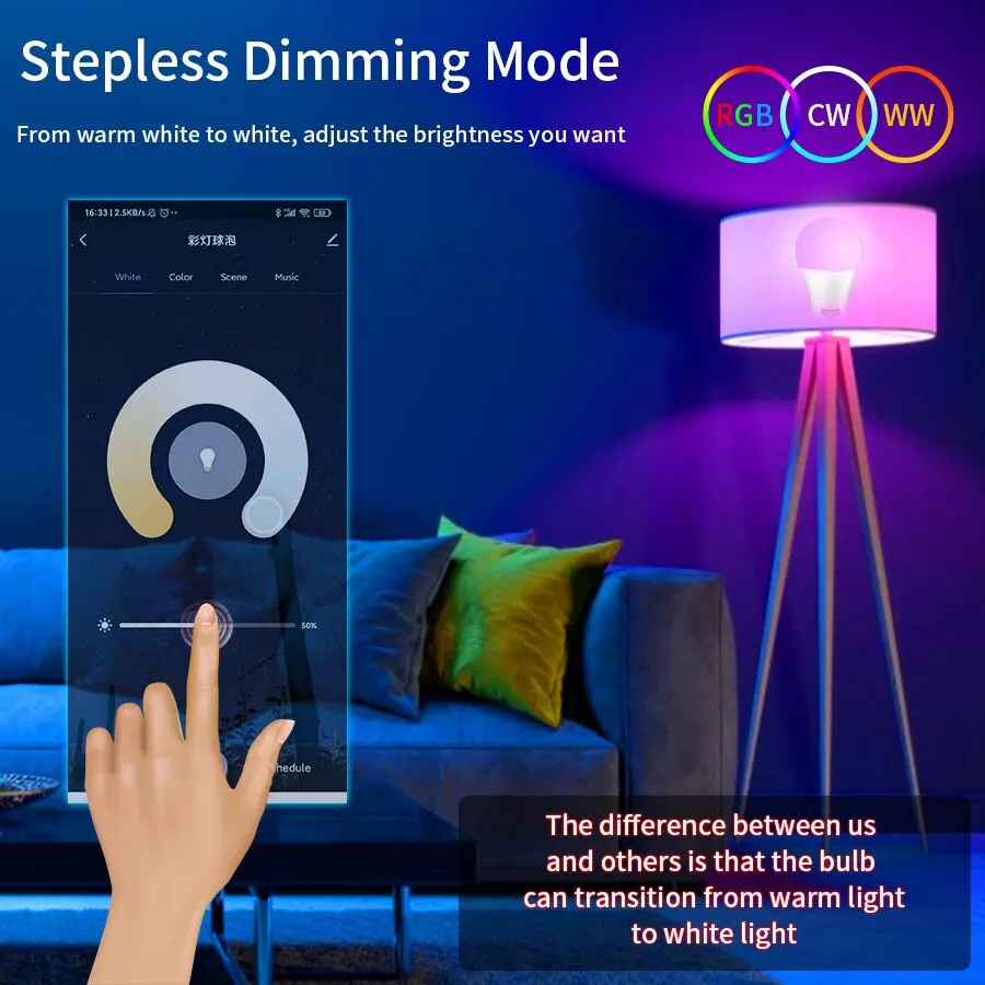 Smart RGB LED Light Bulb with Adjustable Wattage - E27 Base, Tuya-Controlled, Zigbee-Enabled, Multicolor, Voice Assistant Compatible
