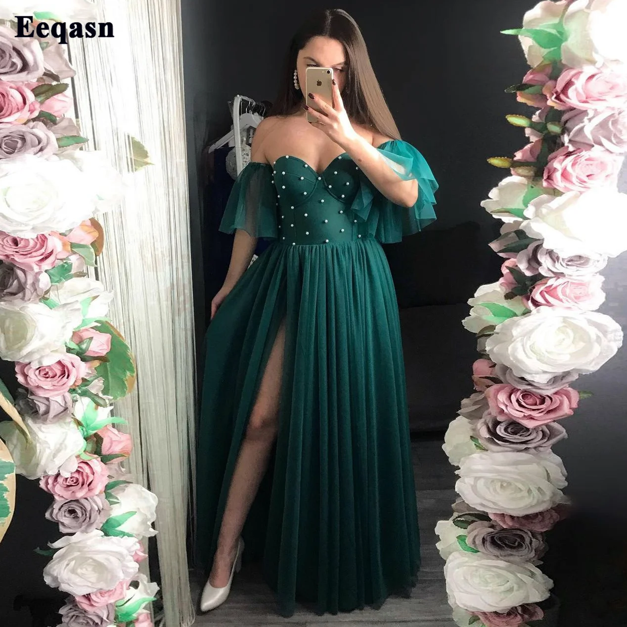 

Eeqasn простые темно-зеленые вечерние платья с жемчугом с коротким рукавом Формальные платья для выпускного вечера для женщин с разрезом Свадебные платья для подружки невесты