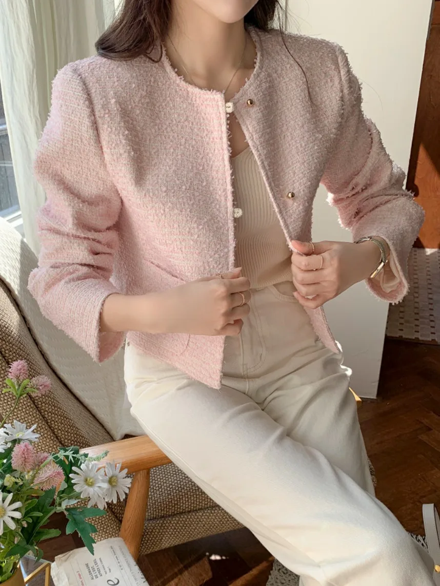 Chic ort Coarse Weave round Ne Metal Bule Women's Jaet Spring New Sle Commute Sle Medium Softn Other Fabric