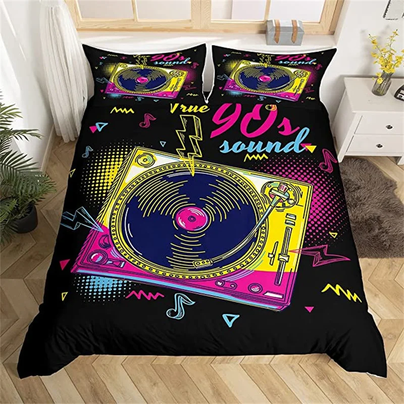 

80S 90S Bedding Set Hip Pop Music Duvet Cover Retro Record Player Comforter Cover King For Kids Boys Teens Musical Notes Bed Set