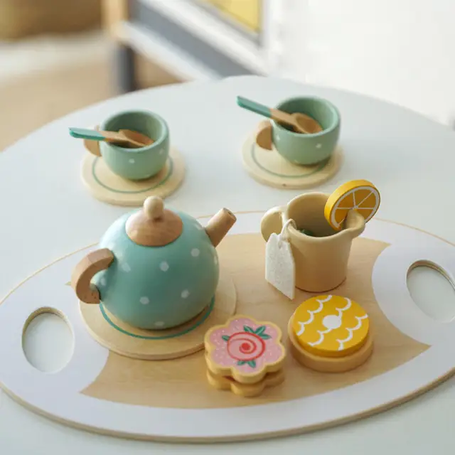 Tea Party Tableware Wooden Handiccraft Toy Kitchen Pretend Play Set for Toddlers Kids Birthday Gift Favors Kitchen Toys Gift 5