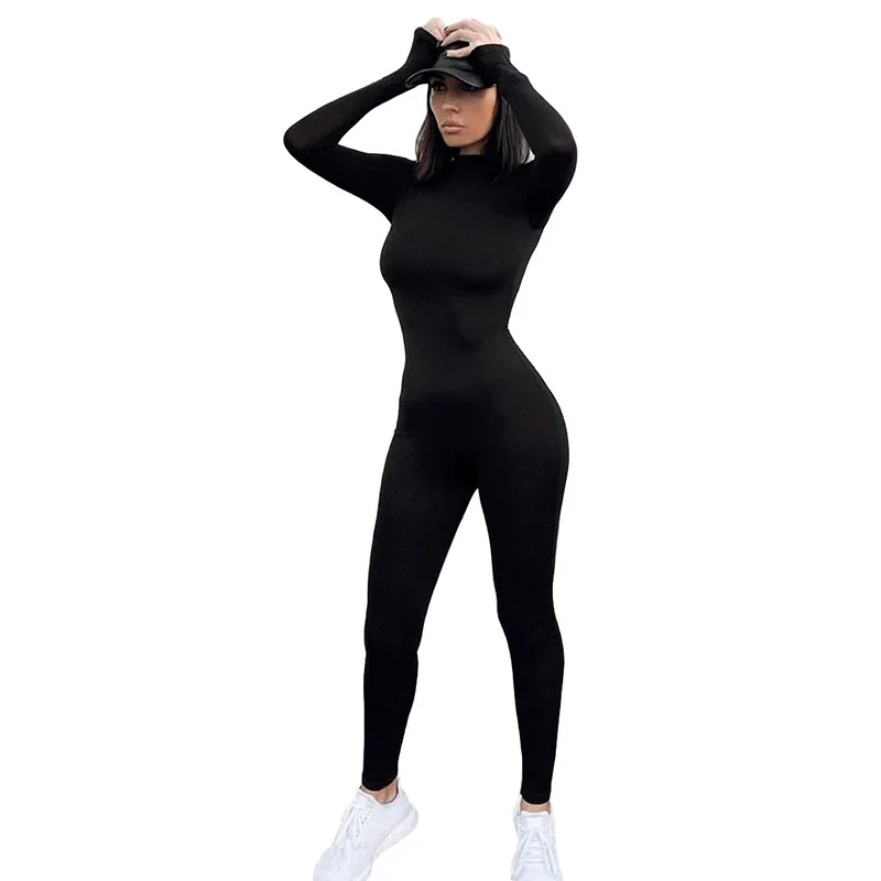 solid black/gray long sleeve skiing jumpsuit women elastic hight outfit fashion fitness sportwear slim rompers streetwear