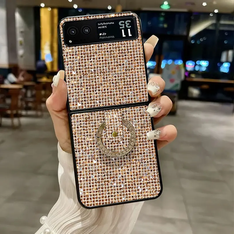 Luxury Bling Lattice Pattern Rhinestone Ring Grip Phone Case - Fashion Glitter Shell