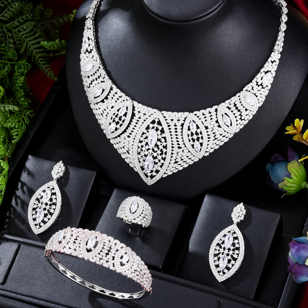 

Missvikki New Luxury Trendy Necklace Bracelet Earrings Ring For Women Shiny Cubic Zircon Bridal Wedding Engagement Jewelry Sets