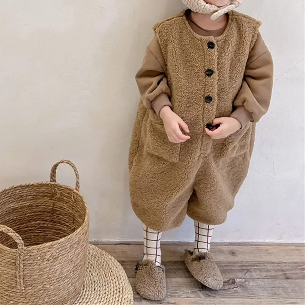 

Korean Winter Baby Boy Girl Clothes Children Warm Lamb Jumpsuit Thicken Warm Fleece Pants Trousers Toddlers Kids Casual Overalls