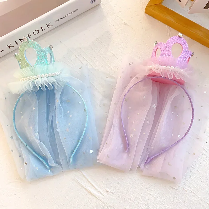 Korean New Children's Shiny Crown Headband Girls' Birthday Hairpin Head Jewelry Mesh Streamer Headband Headdress