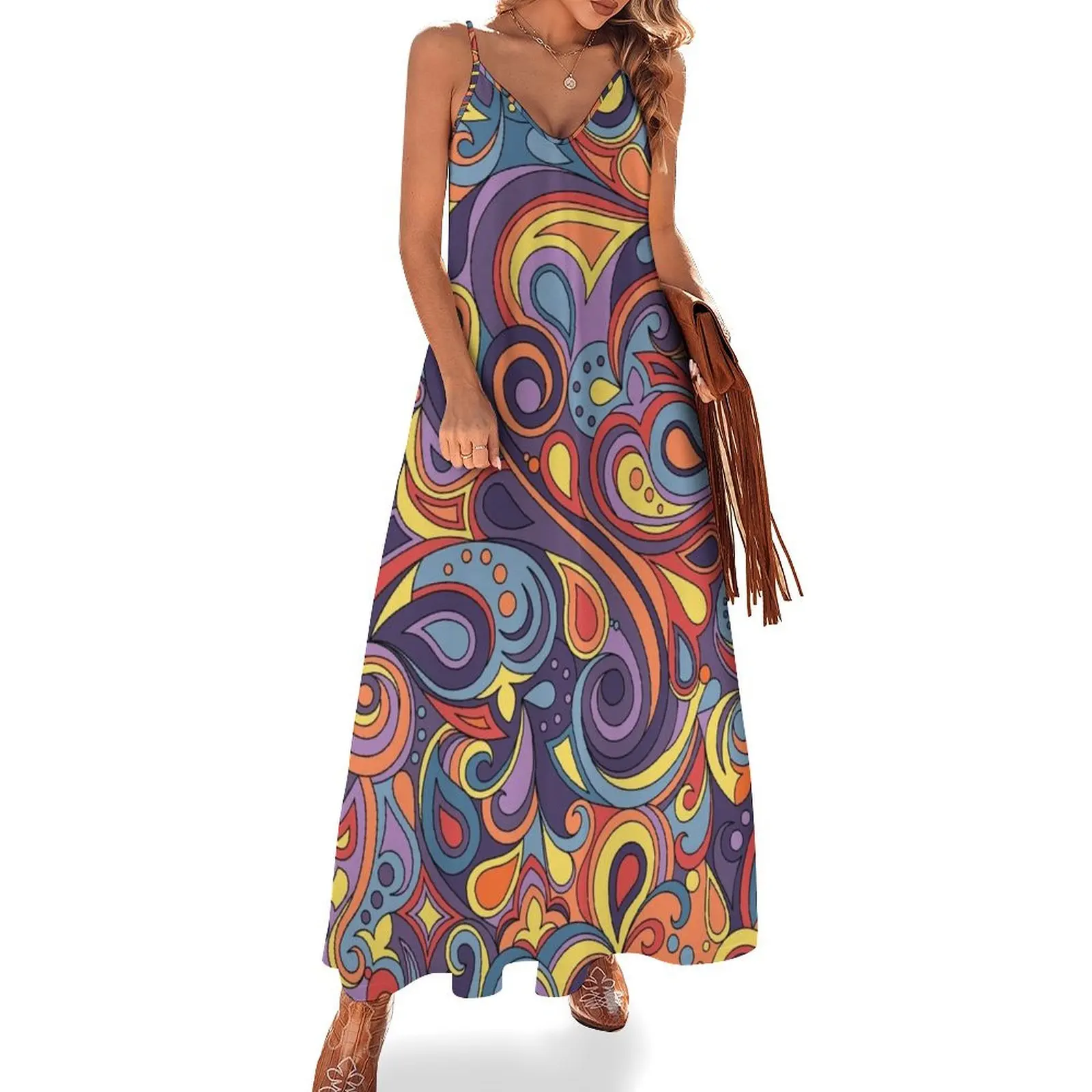 

Colorful Retro Doodle Abstract Pattern Sleeveless Dress Beachwear party dresses women Casual dresses