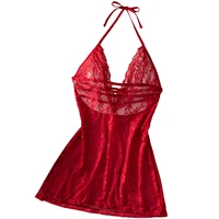 Hot Lace Halter Babydoll Sexy Deep V Neck See Hrough Nightgown Women's Erotic Lingerie Sleepwear Dress For Valentine's Day