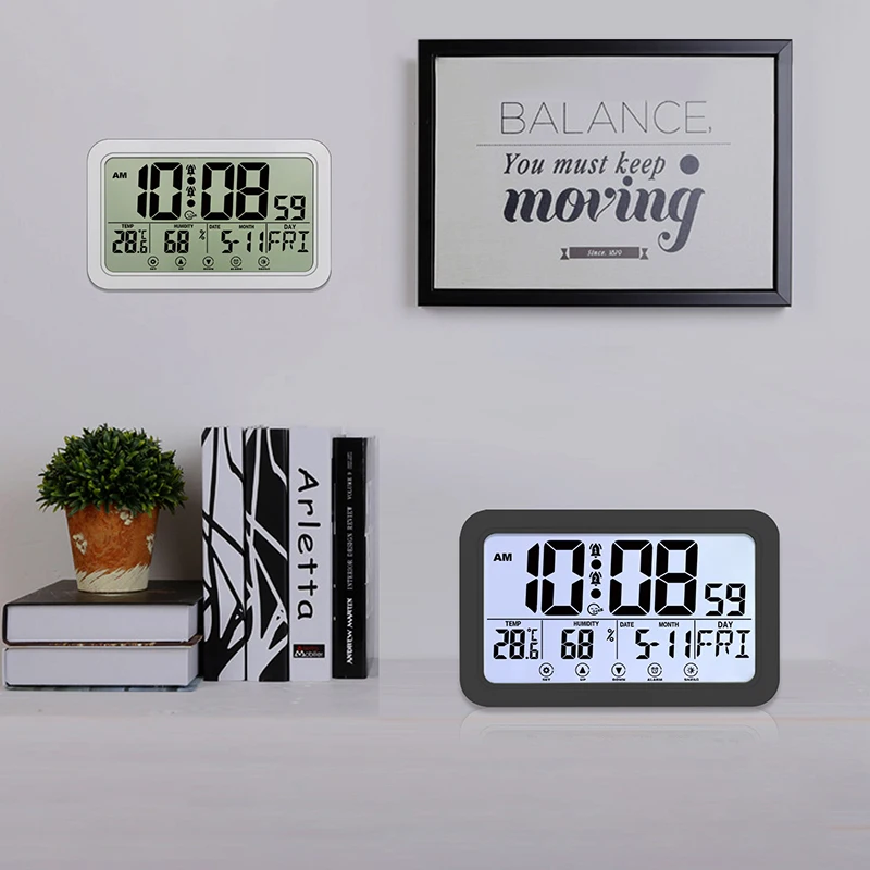 Large Number Electronic Wall Clock Temperature Humidity Display Snooze Alarm Clock Hanging/Desktop Digital Battery Powered