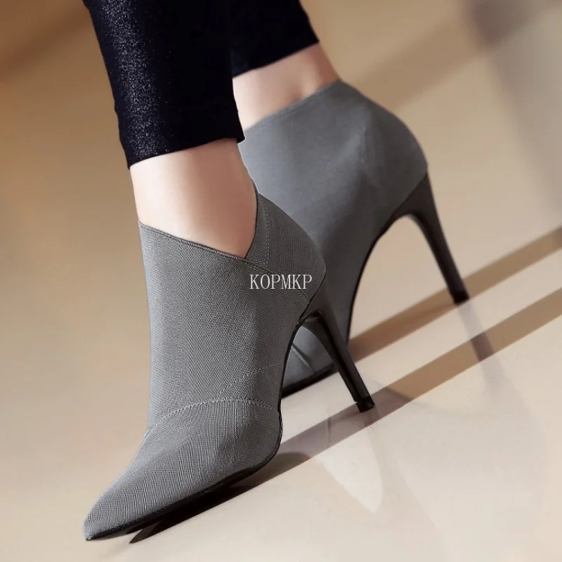 Ankle Boots Grey Fashion Women High Heel Booties Female High-Heeled Boots Young Ladies 8.5cm Heel Cloth Boots Large Size 34-41