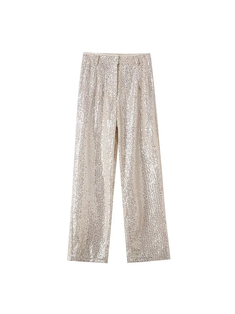 

Women 2023 Winter New Fashion Pockets Paillette Trousers Vintage High Waist Zipper Female Trousers