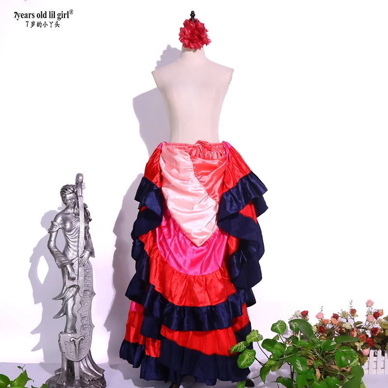 Falda de baile gitana de satén de 25 yardas y 5 niveles para mujer, flamenco