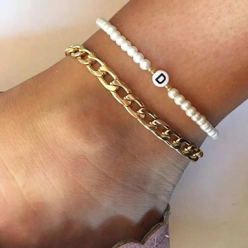 Letter Imitation Pearl Anklet Women 2022 New Fashion Temperament Width 7mm Stainless Steel Chain