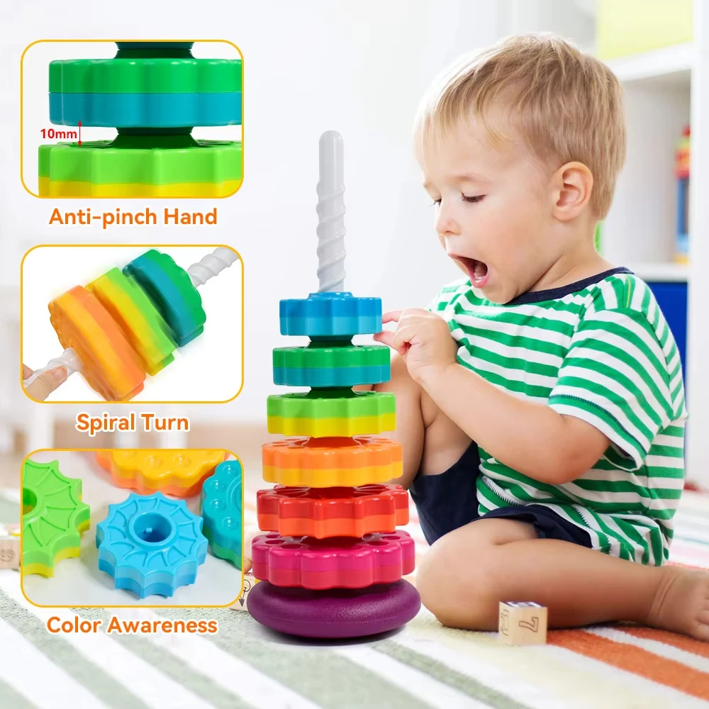 Baby Rotating Rainbow Tower Montessori Baby Stacking Puzzle Toys Safety Early Educational Toy Safety Colored Children's Toys