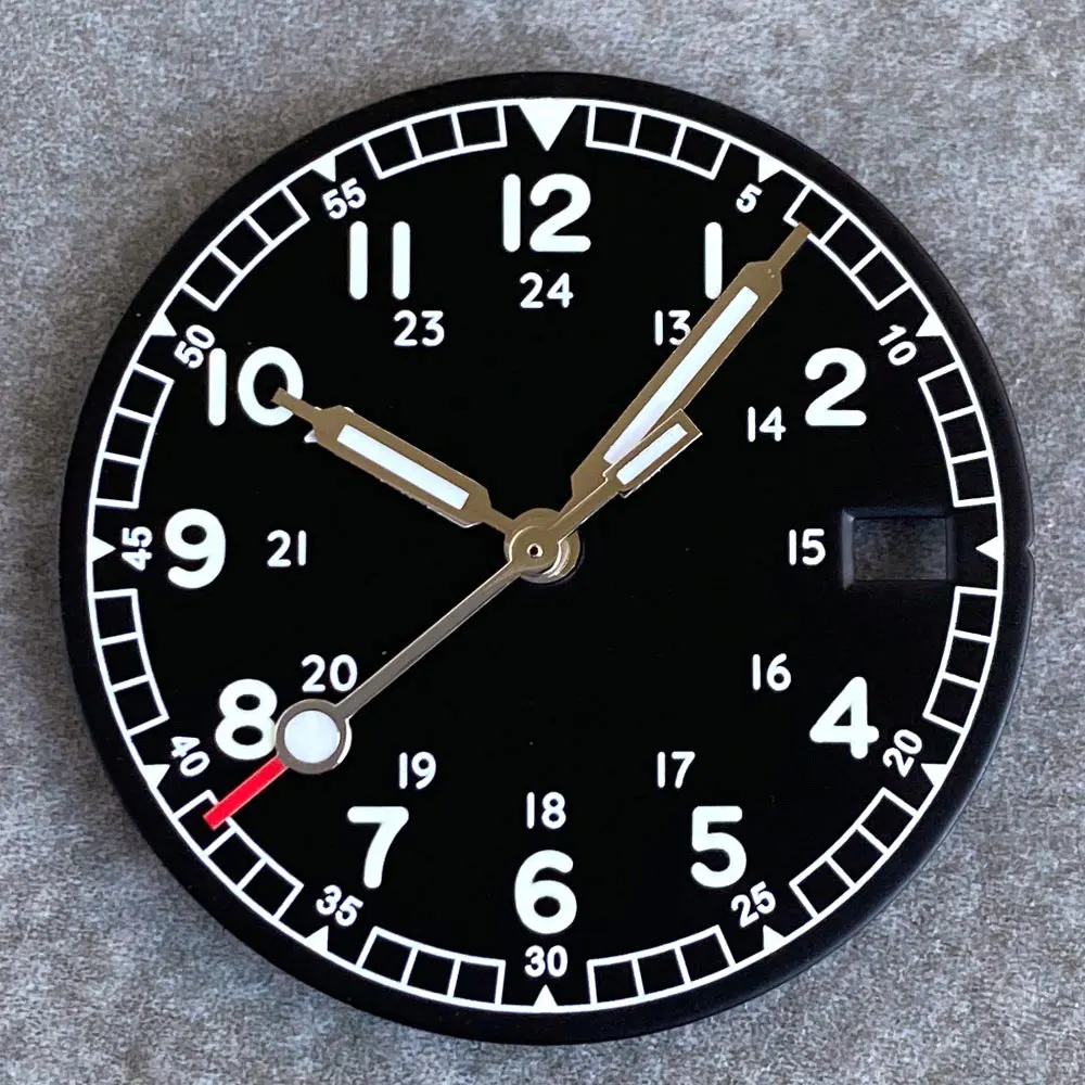 Vintage 29mm Black and White Field Watch Dial with Date Window and Hand Set