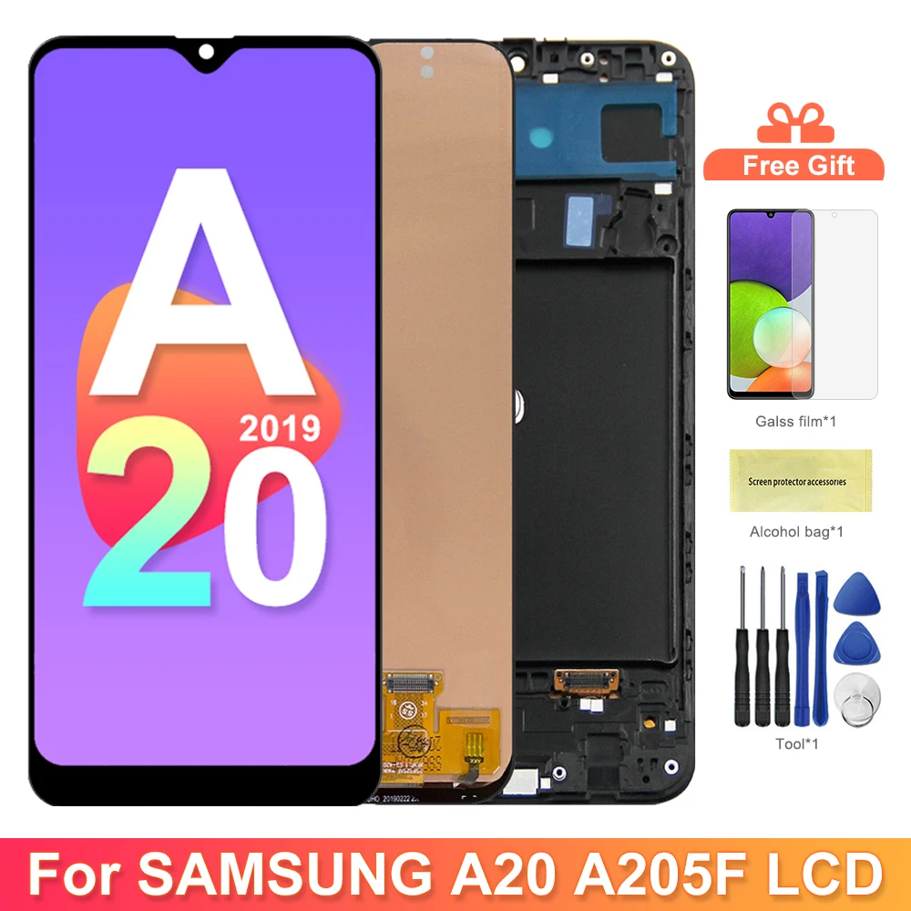 A20 Scherm Met Frame, Voor Samsung Galaxy A20 A205f/Ds A 205G/Ds Lcd-Display Touchscreen Digitizer Assemblage Vervanging