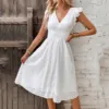 Women White V-Neck Beach Dress Solid Summer A-Line Half Sleeve Shirt Dress Casual Loose Pocket Sundress Holiday Baggy Long Robe 2
