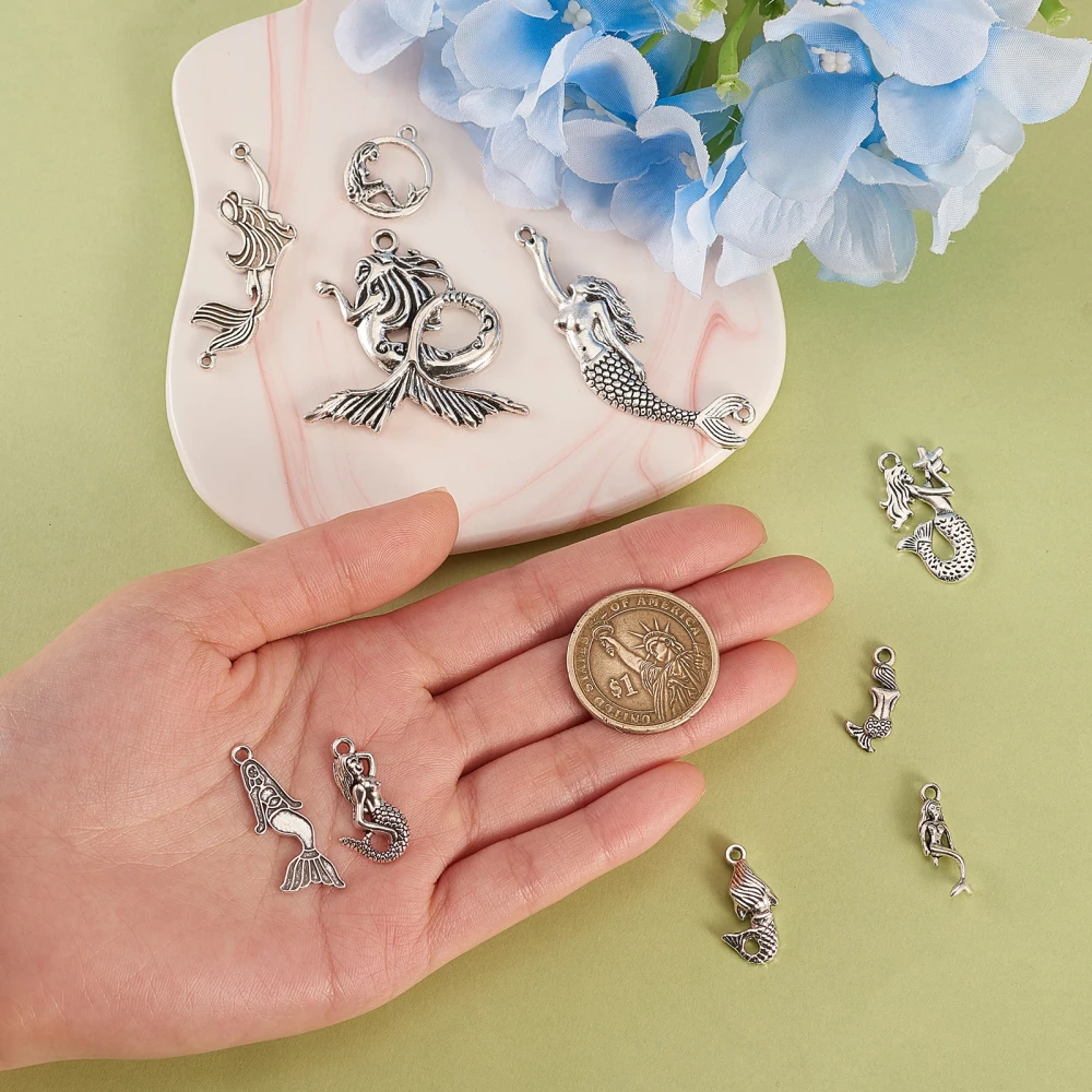 100pcs Mixed Antique Silver Sea Life Charms Marine Sea Animal Charms Tibetan Mermaid Charms for Jewelry Making Crafts Bulk