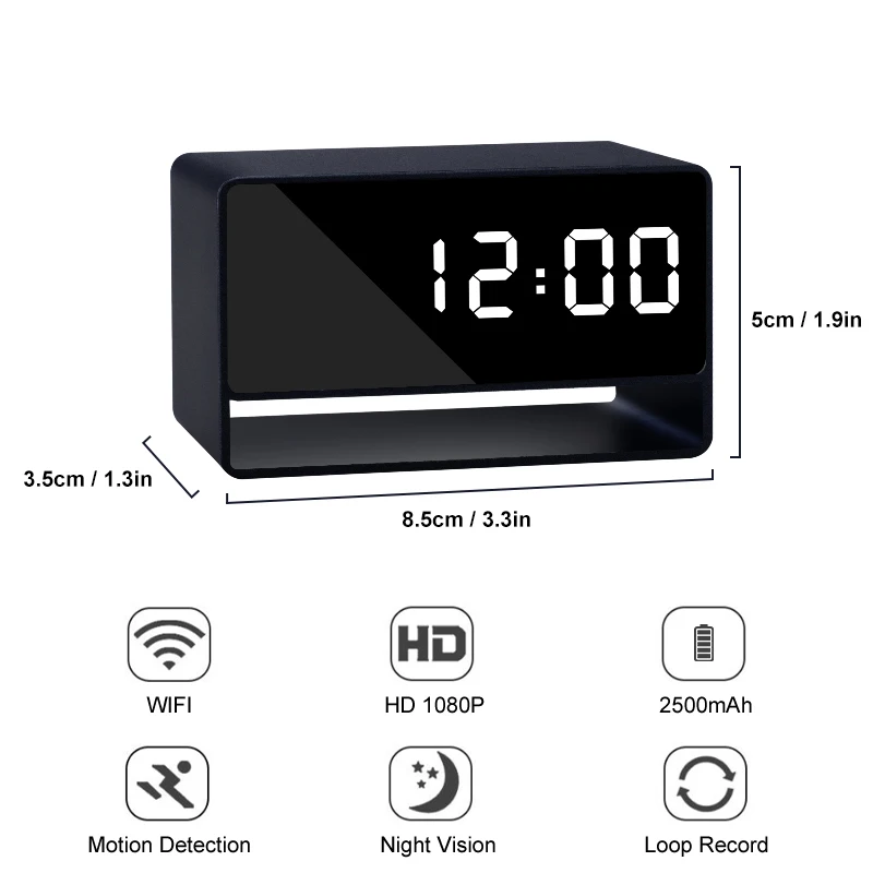 מצלמת שעון מעורר Full HD 1080P WiFi אלחוטית עם ראיית לילה, זיהוי תנועה והתראה בבית או במשרד