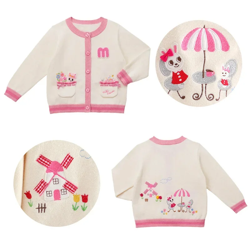 

2023 Sweater Cardigan Baby Girl Kids Cartoon Bunny Garden Embroidery Jacket Knitwear Japanese Autumn and Winter