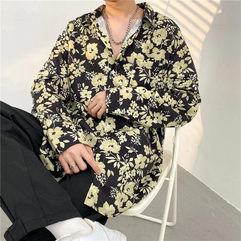 Fashion Streetwear Shirts Graffiti Daisy Flower Painting Print Blouse Hip Hop Harajuku Fashion Loose Long Sleeve Casual Tops Man
