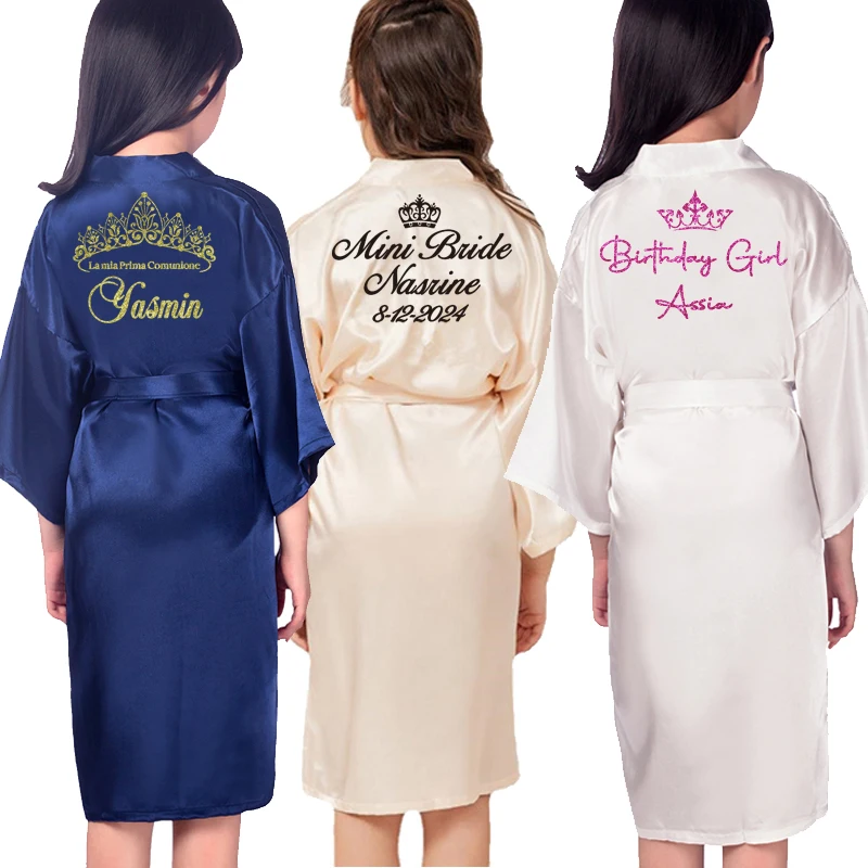 Customize Name Date Flower Girl Kimono Robes Wedding Bathrobes Pajamas Kids robe + belt Nightdress Brial Party Kid Robe