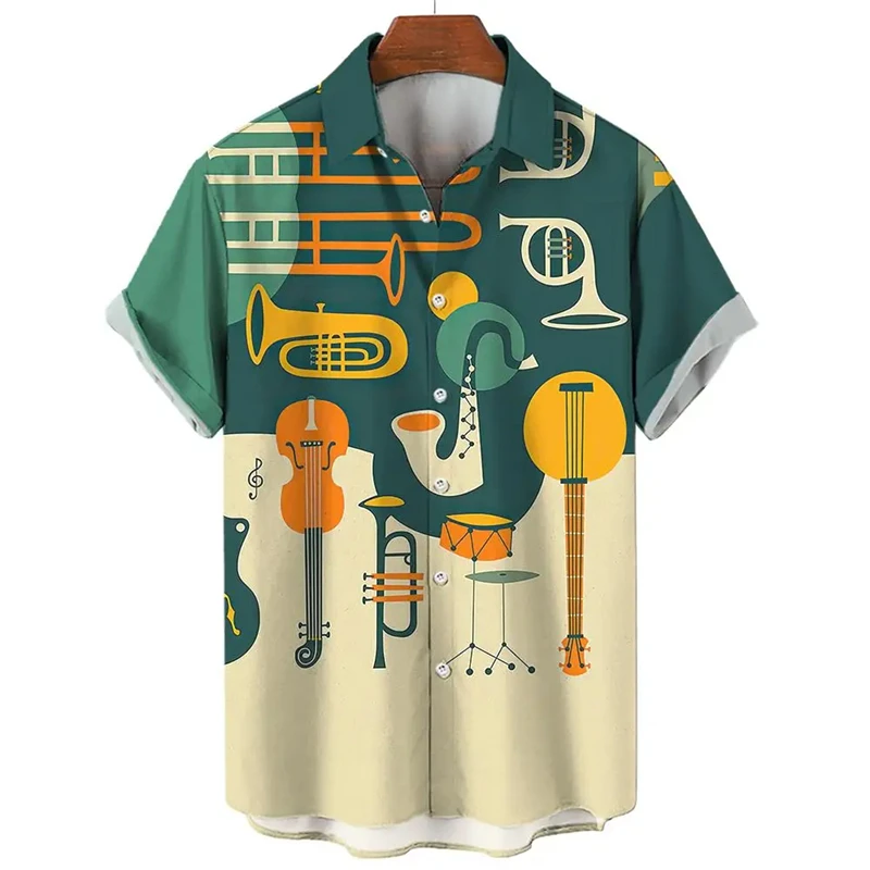 Colorful Musical Instrument Pattern Hawaiian Shirt For Men 3d Saxophone Guitar Print Beach Short Sleeve Casual Male Tops Tees