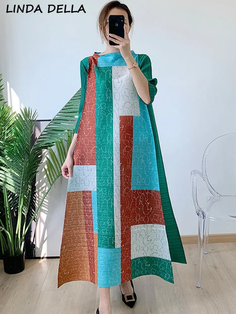 

LINDA DELLA Summer Fashion Designer Vintage Print Irregular Dress Women's Round Neck Loose Waist Casual Party Pleated Long Dress