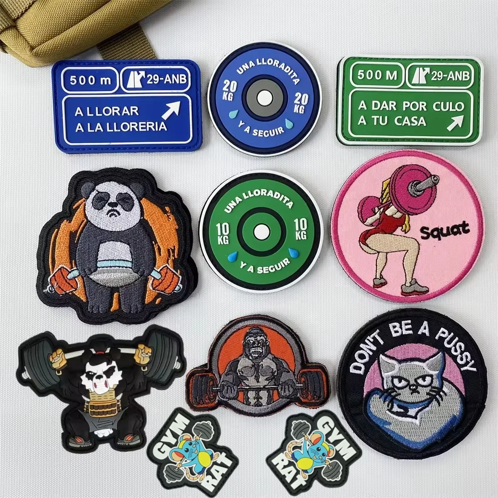 Fitness Weightlifting Embroidery Patch - Panda Monkey Hook and Loop Dumbbell Design
