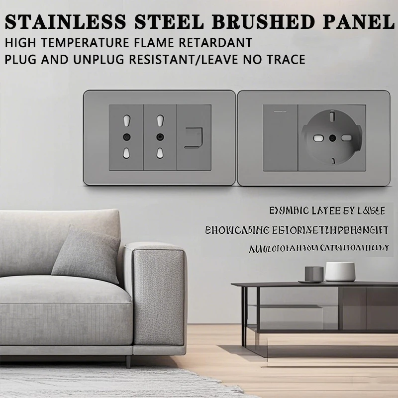 118 Grey Italy Stainless Steel Brushed Wall Socket USB Type-C Tuya Wifi Smart Switch Curtain Sat TV Tel Doorbell Fast Charging 1