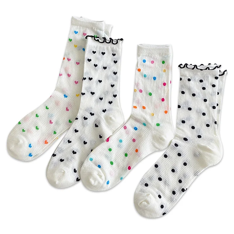 

Fashion Women Crew Socks New Summer Thin Colorful Mesh Socks For Women Kawai Breathable Korean Style Dots Girl Cute Socks Frilly