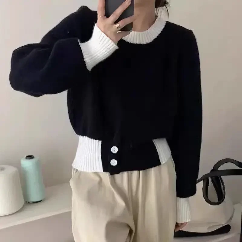 

Женский укороченный пуговичный Топ, розовый вязаный пуловер с круглым вырезом, черный теплый свитер в Корейском стиле, Y2k, для зимы