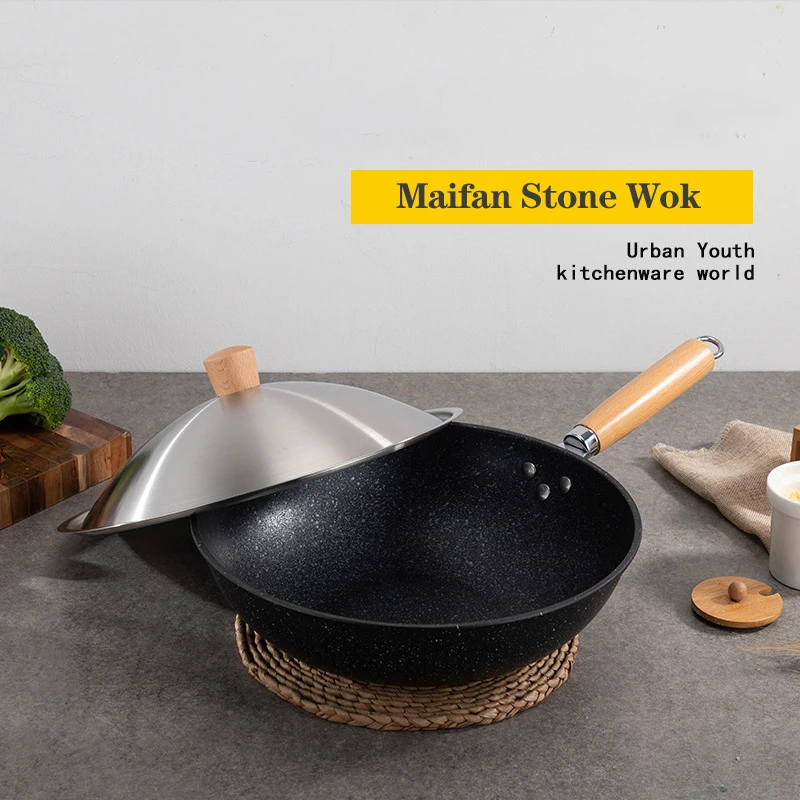 

32cm Medical Stone Wok Non-stick Skillet Pans Frying Pan Household Cooking Pot with Lid Gas Stove Induction Cooker Cookware