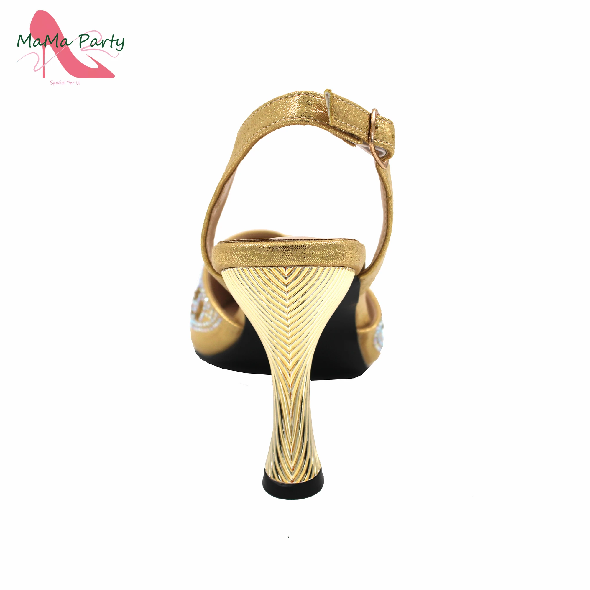 High Quality Elegant Italian Women Design Shoes Matching Bag Set in Golden Color Full Crystal Pointed Toe Pumps for Party