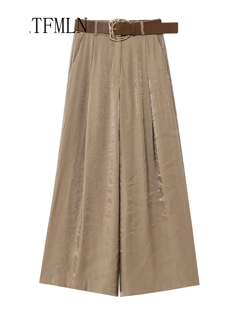 TFMLN Fashion Women Solid Wide Leg Pant With Belt 2025 Summer Chic Causal Zipper Full Trousers Simple Female High Street Pants