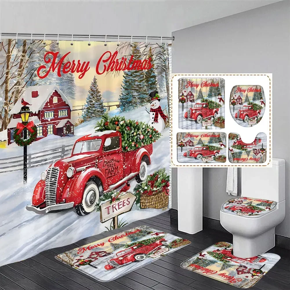 Shower Curtains Bathroom Hardware Set Bath Mat Cute Snowman Christmas Shower Curtain Set Silver Pine Branches Snowflake Xmas Balls Bathroom Decor Rug Toilet Lid Cover