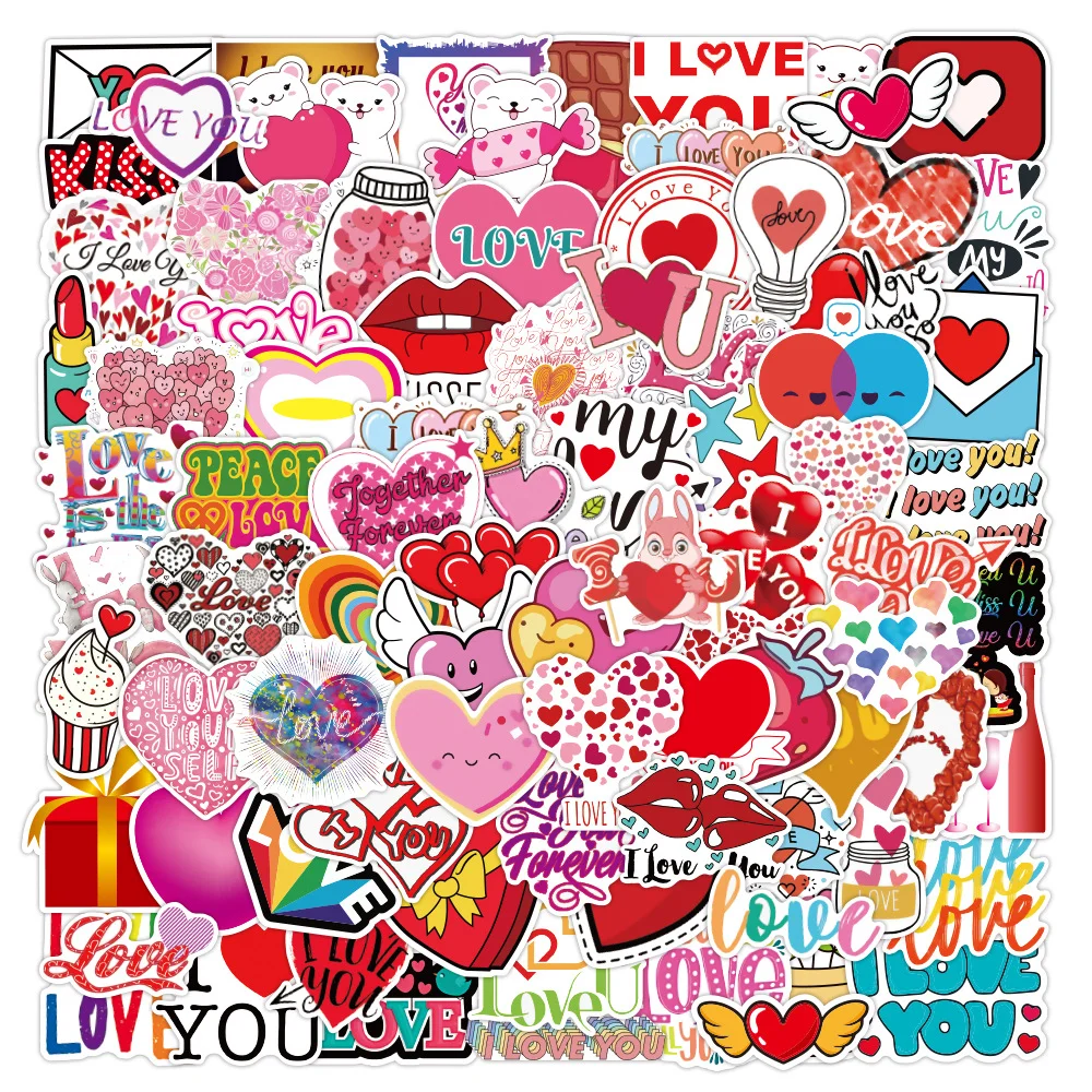 

100PCS Valentines Stickers Cute Valentines Day Vinyls Decals for Water Bottle Laptop Guitar Luggage Computer Skateboard