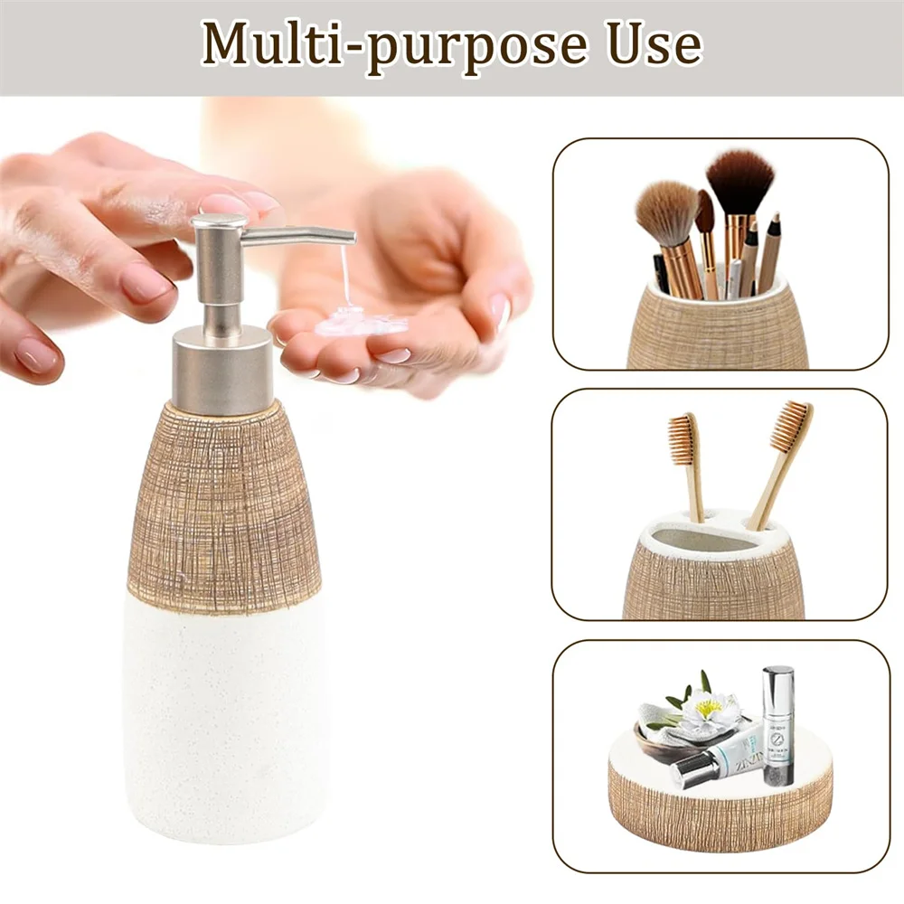 Brown and white ceramic bathroom set: toothbrush holder, cup, and soap dish.