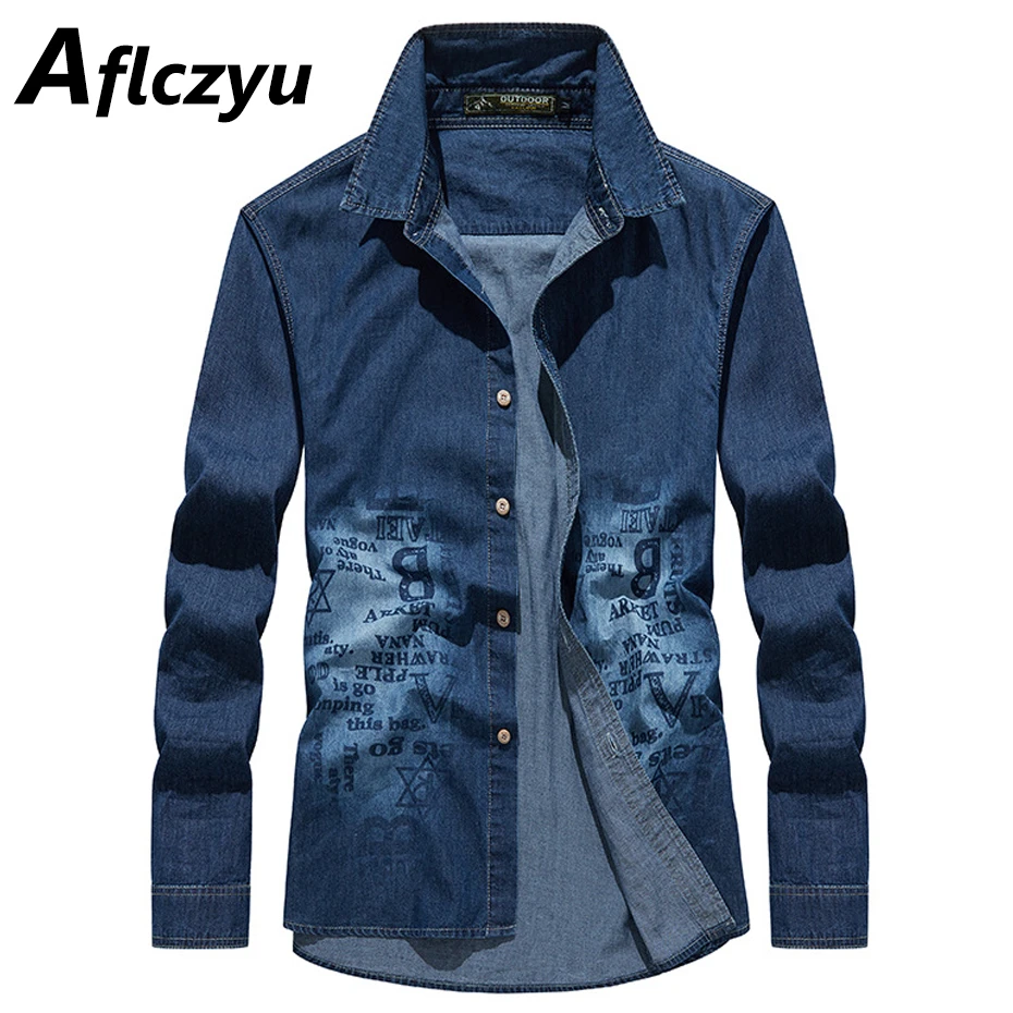 Denim Shirts Men Spring Autumn Long Sleeve Shirts Fashion Casual Letter Print Cargo Shirts Male