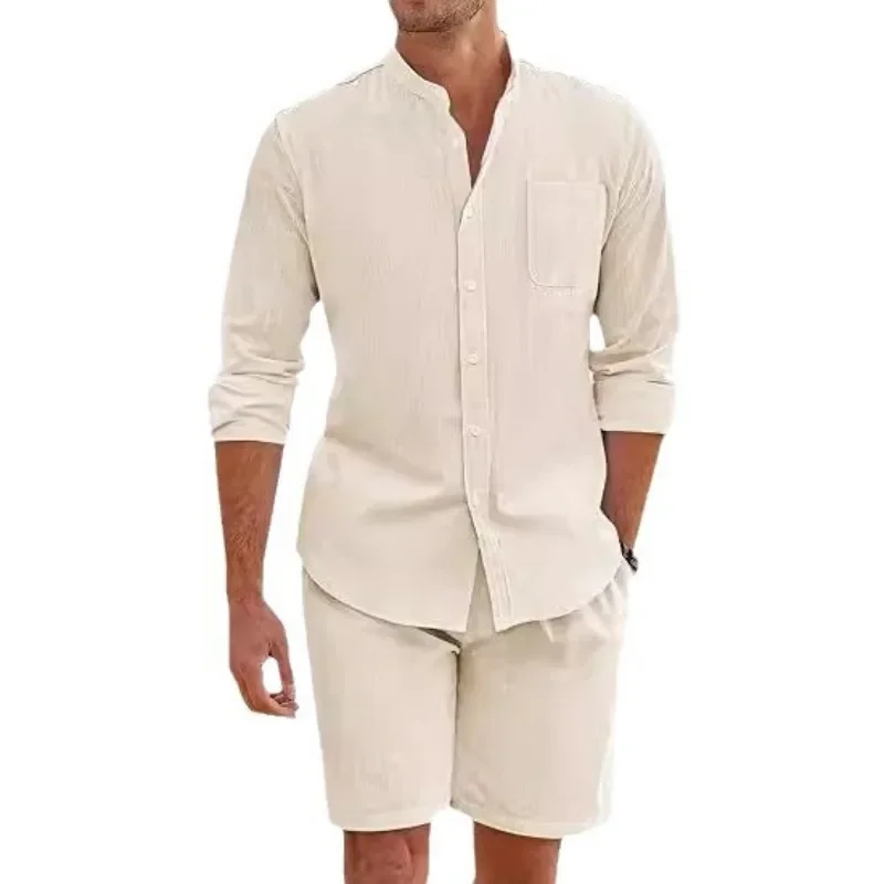 2024 Men's Two-piece Sets Cotton and Linen Comfortable Button Shirt Long Sleeve Shorts Cardigan Simple Casual Beachwear 5