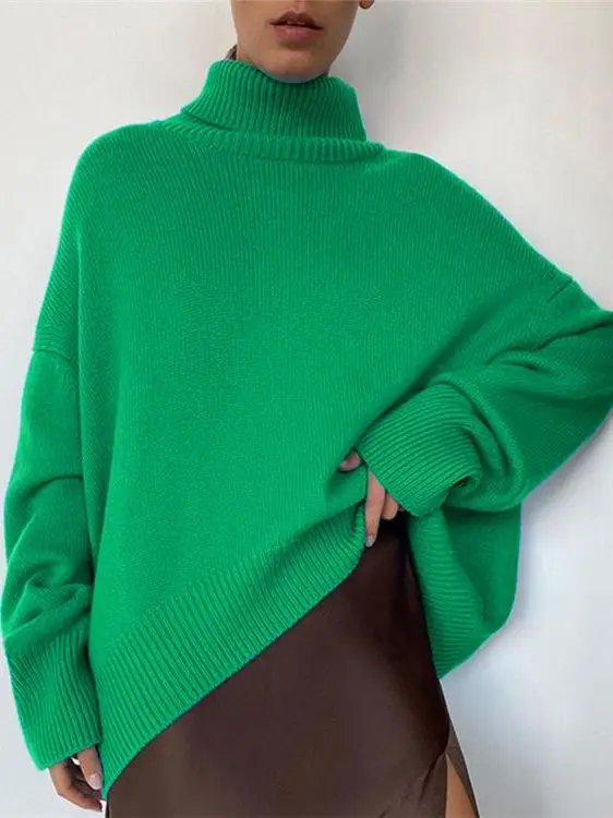 

Knitted Winter Tops Oversize Sweater Women Long Sleeve Cutton Turtleneck Autumn Plus Size Jumpers Casual Loose Green