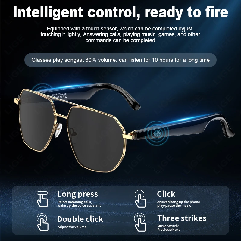 LIGE New Wireless BT Call Smart Glasses Voice Assistant Listen Music Waterproof Eyeglass AI Translation Sunglasses 163 Languages