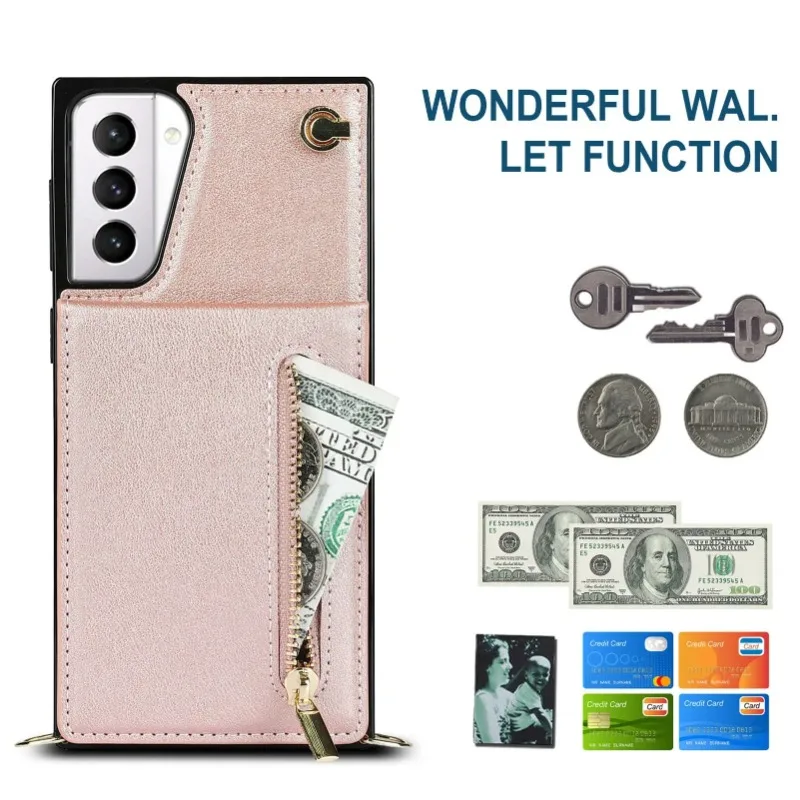 Leather Crossbody Zipper Wallet Case with Card Holder and Lanyard