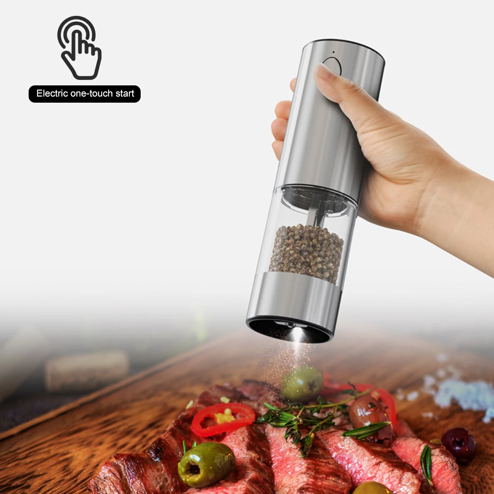 Electric Salt Pepper Grinder USB Rechargeable Automatic Salt Pepper Mill LED Light Electric Spice Mill BBQ Accessories